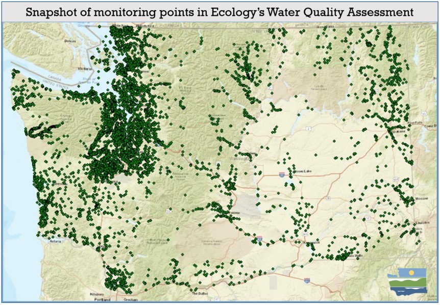 map of Washington state with green dots to show where water quality monitoring is in place. 